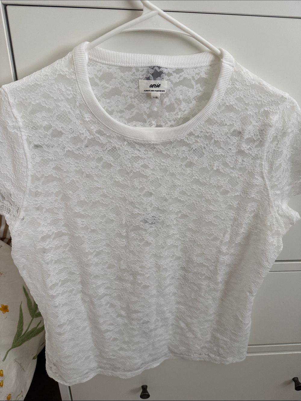 aerie White Floral Lace Short Sleeve Tee